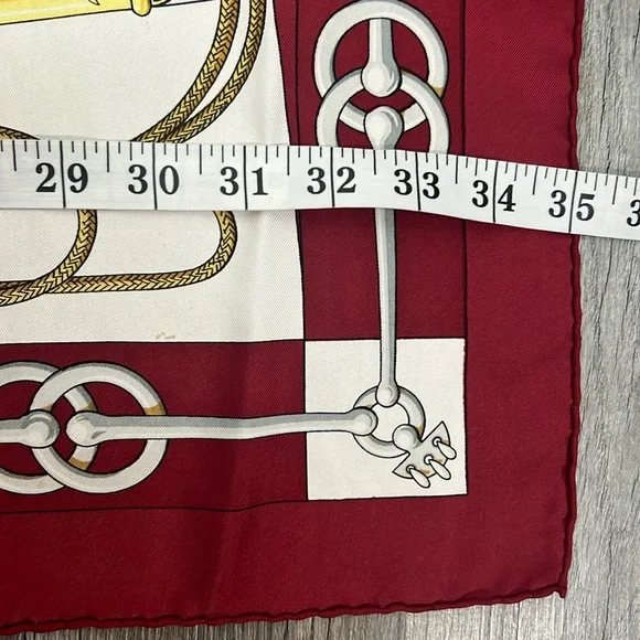 HERMESCliquetis Carre 90 Silk 100% Scarf white burgundy gold 35”:35”